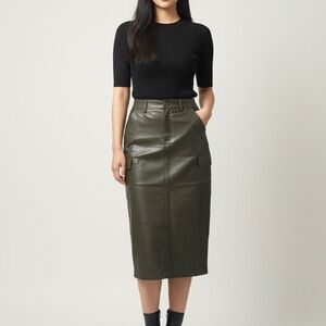 Dex Faux Leather Cargo Maxi Skirt In Dark Khaki Green